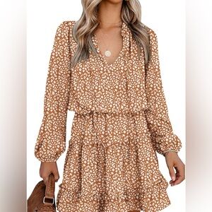 BTFBM Dress Sz M Elastic Waist Brown Cream Burnt Orange Look. NWT Ties